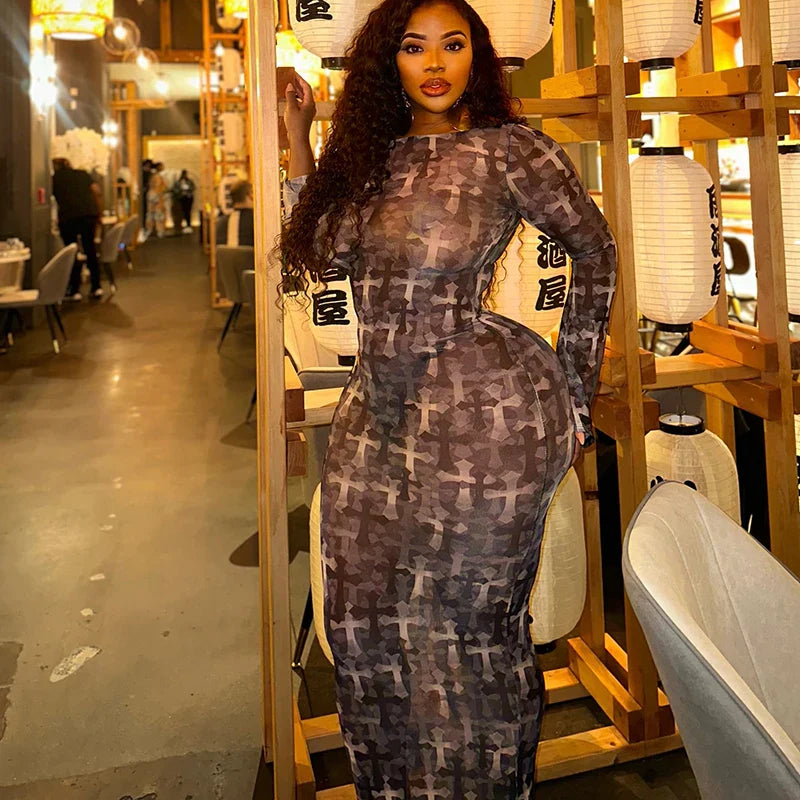 Cross Print Mesh Dress