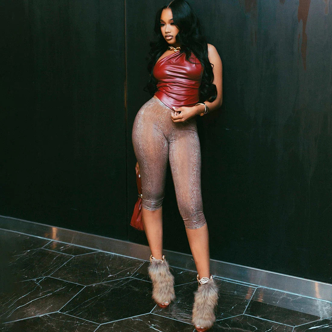 One-Shoulder Faux Leather Set