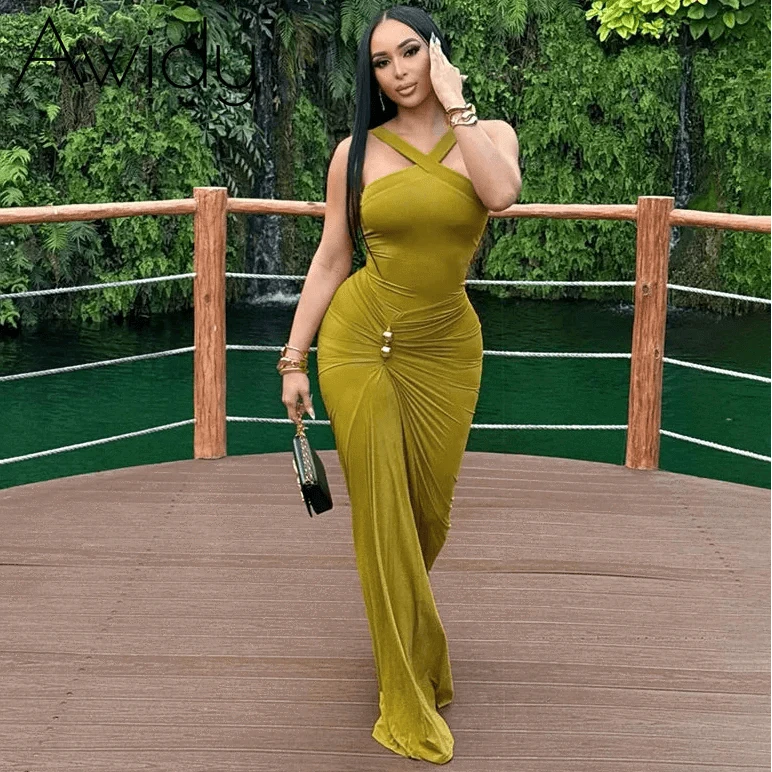 Cross Neck Ruched Maxi Dress