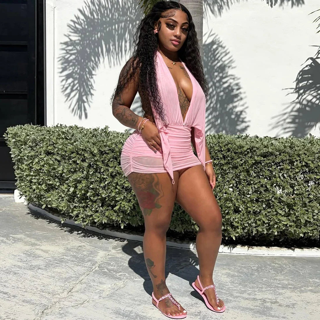 Halter Plunge Drape Mini Dress