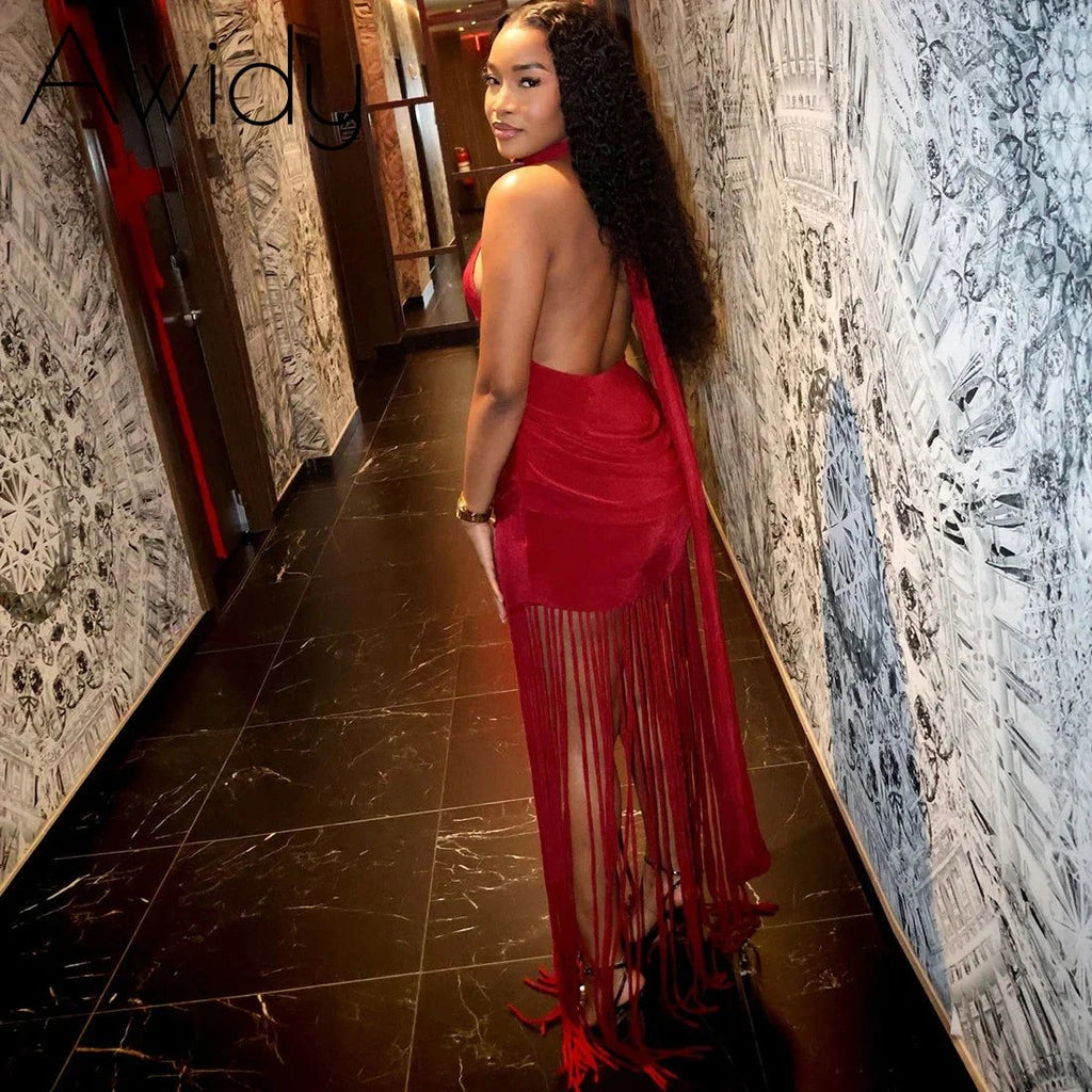 Fringe Backless Maxi Dress
