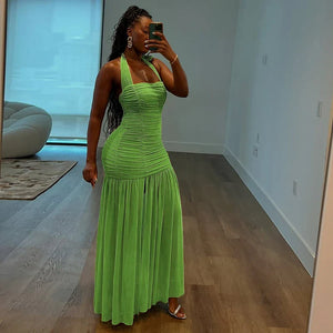 Lime Ruched Halter Maxi Dress