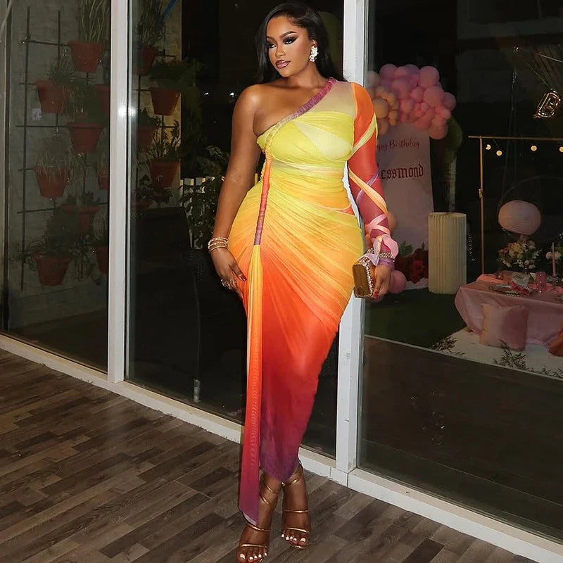 Ombre One-Shoulder Draped Mesh Dress