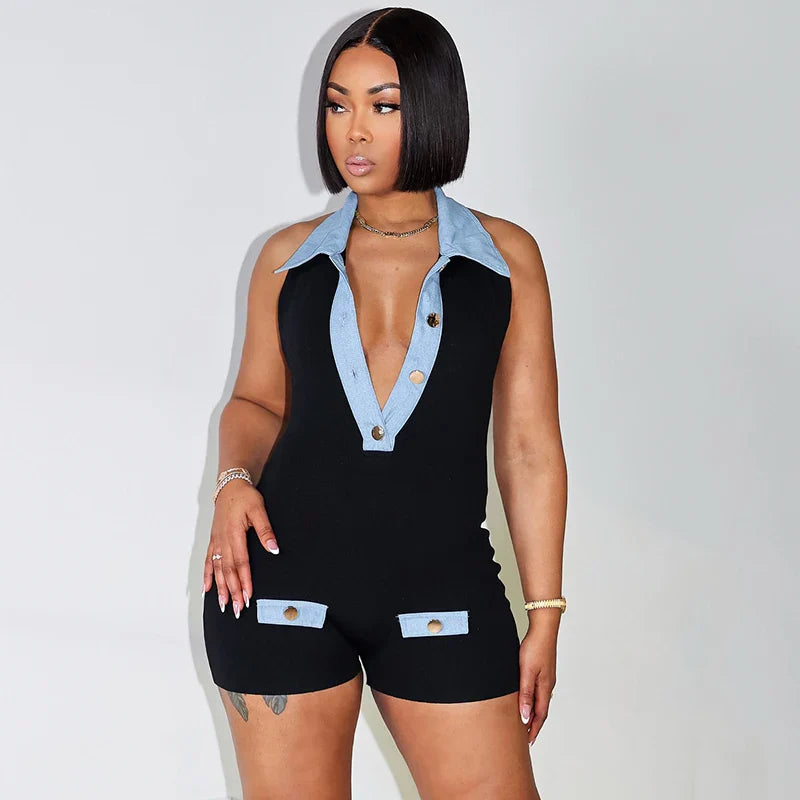 Denim Print Collar Button Romper