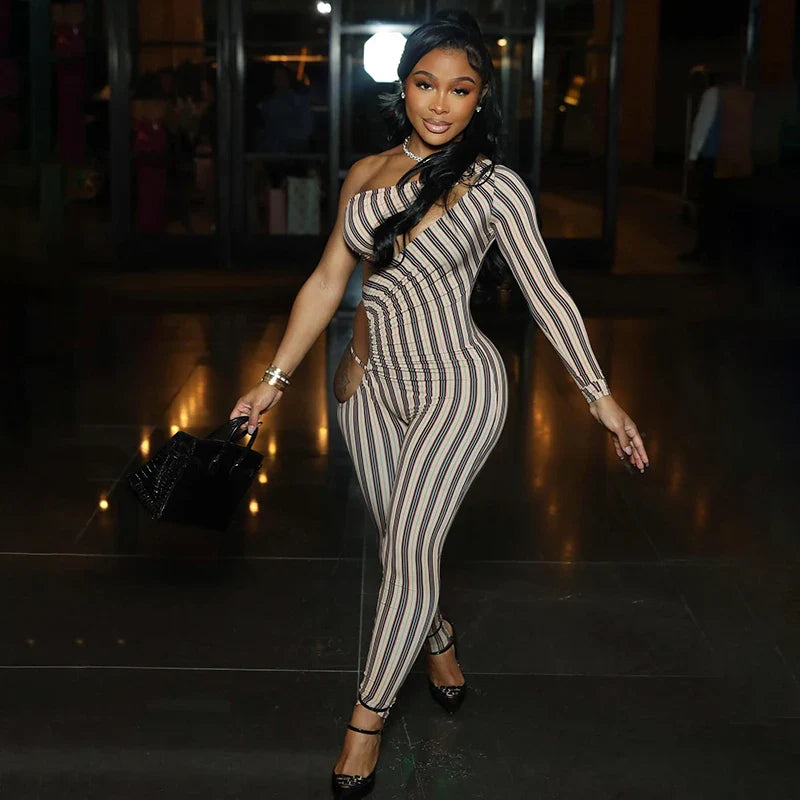 Asymmetric Striped Cut-Out Jumpsuit