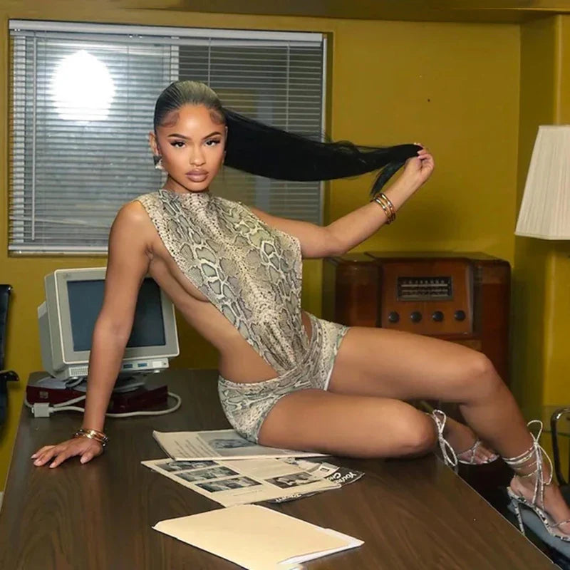 Snake Print Cutout Bodysuit Set