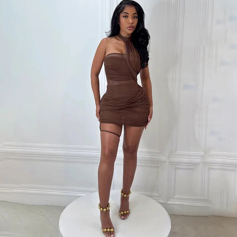 Mesh Wrap Halter Mini Dress
