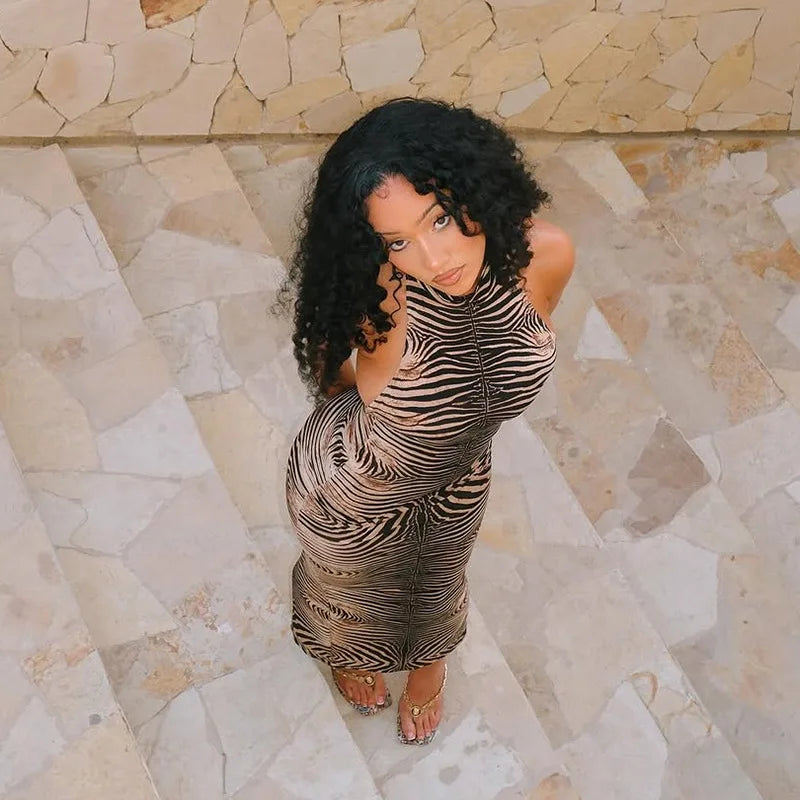 Zebra High Neck Backless Dress