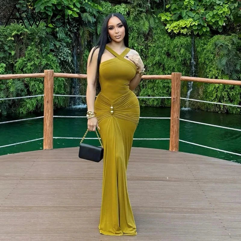 Cross Neck Ruched Maxi Dress