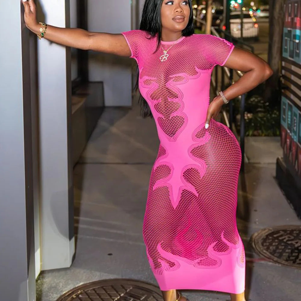 Flame Print Mesh Bodycon Dress
