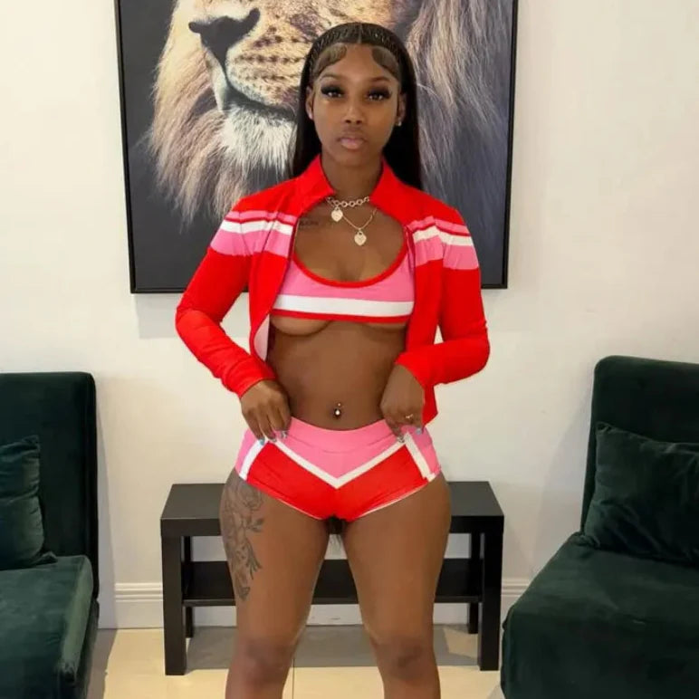 Striped Zip-Up Crop Shorts Set