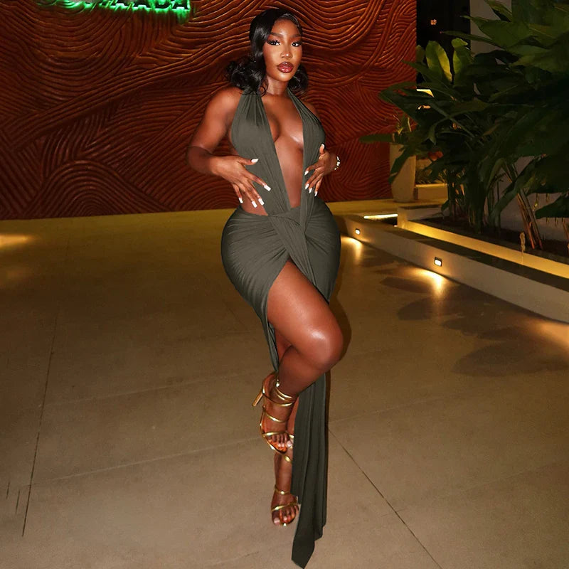 Deep Drape Halter Maxi Dress