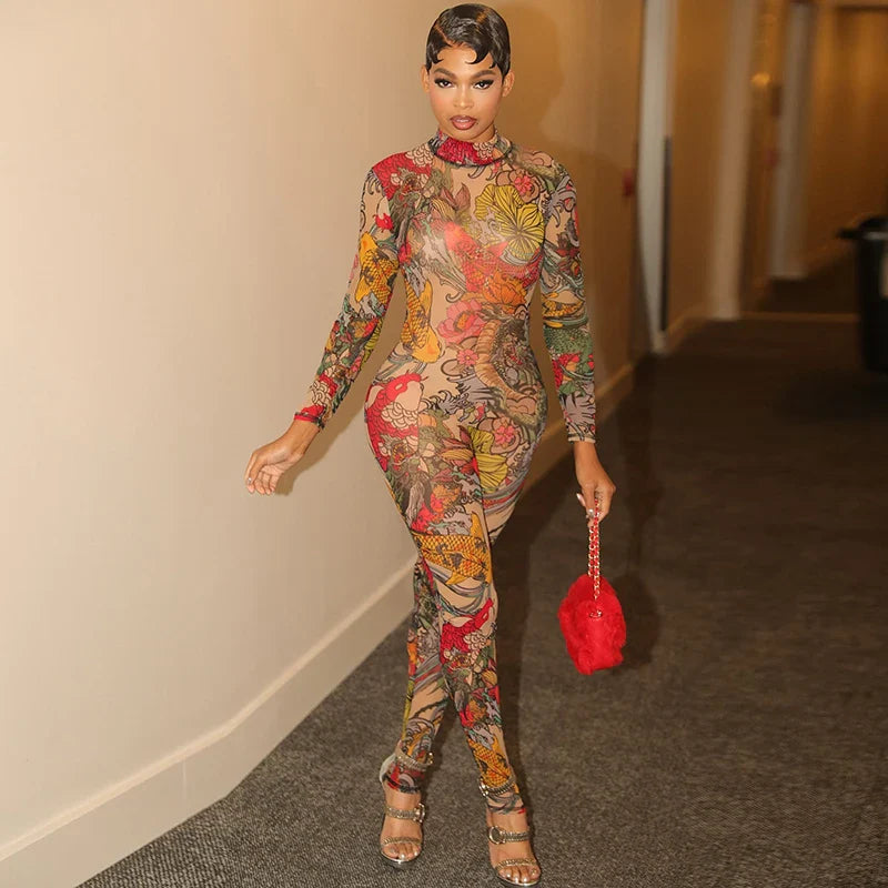 Oriental Backless Mesh Jumpsuit