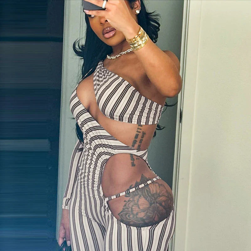 Asymmetric Striped Cut-Out Jumpsuit