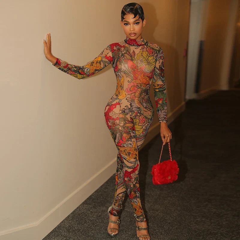 Oriental Backless Mesh Jumpsuit
