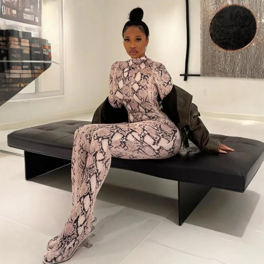 Snake Print Mock Neck Jumpsuit