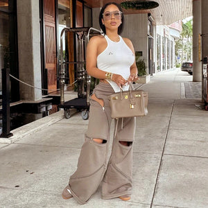 Zip Detail Wide-Leg Cargo Pants