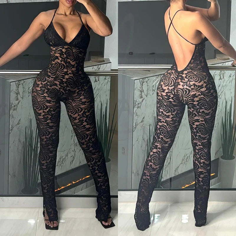 Lace Halter Backless Jumpsuit