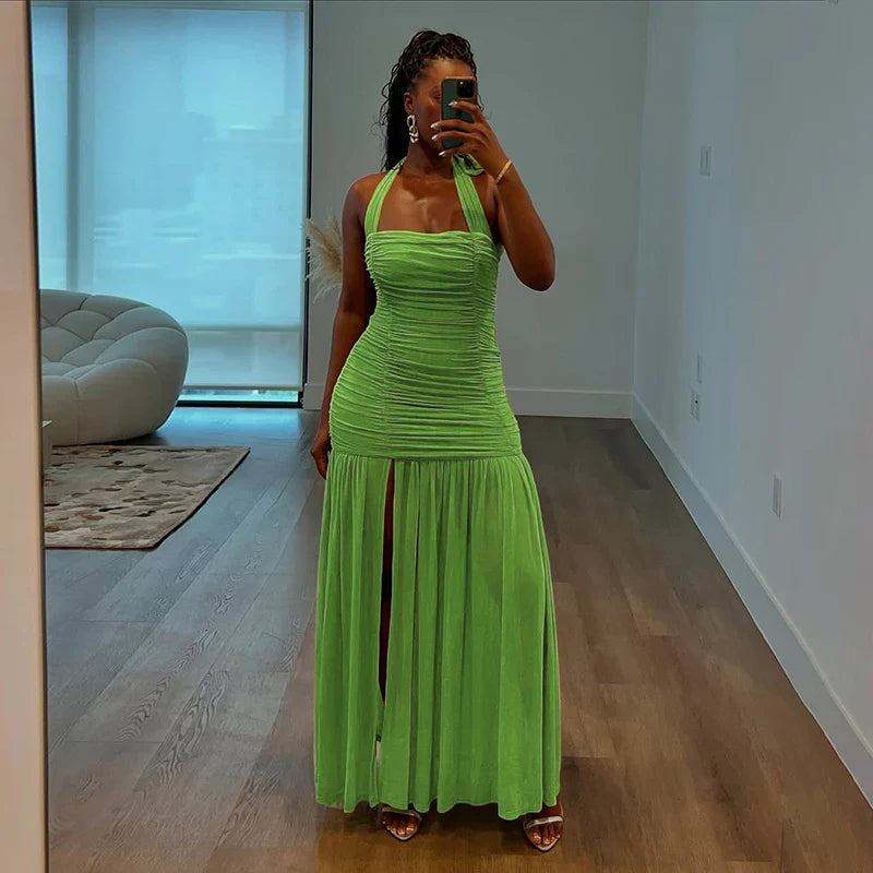 Lime Ruched Halter Maxi Dress