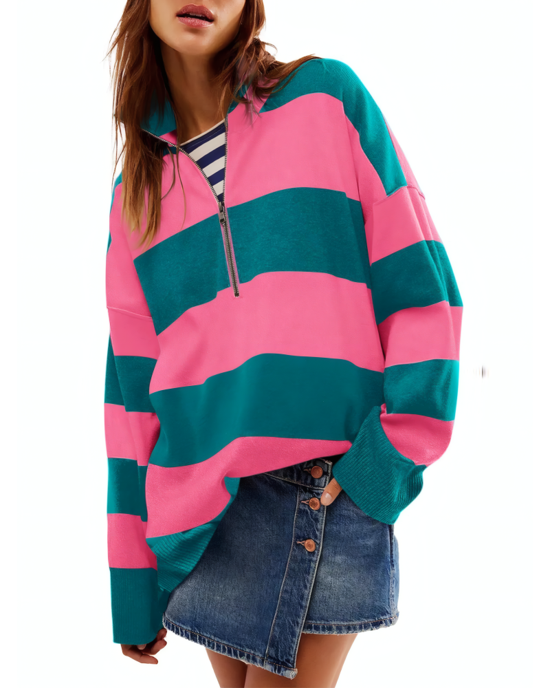 Color Block Half Zip Long Sleeve Sweater