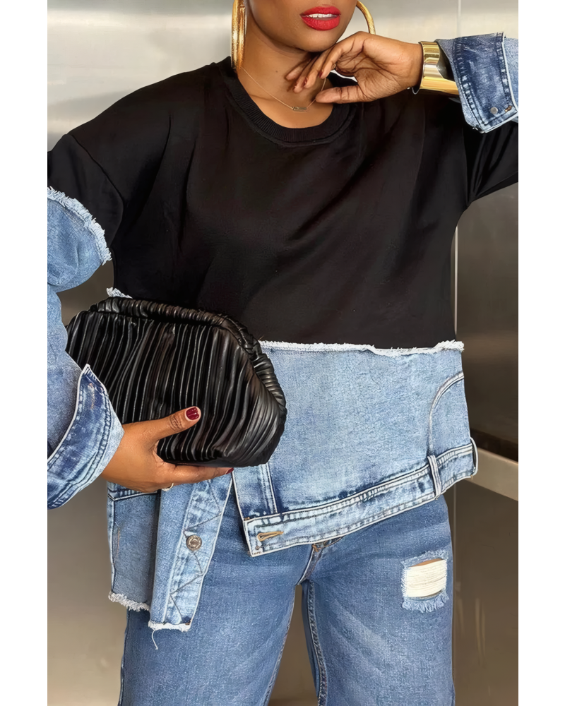 Stylish Irregular Hem Denim Patch Sweatshirt