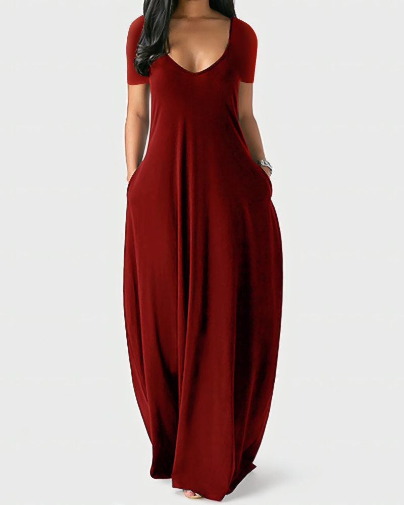 Crimson Ease V-Neck Maxi Dress