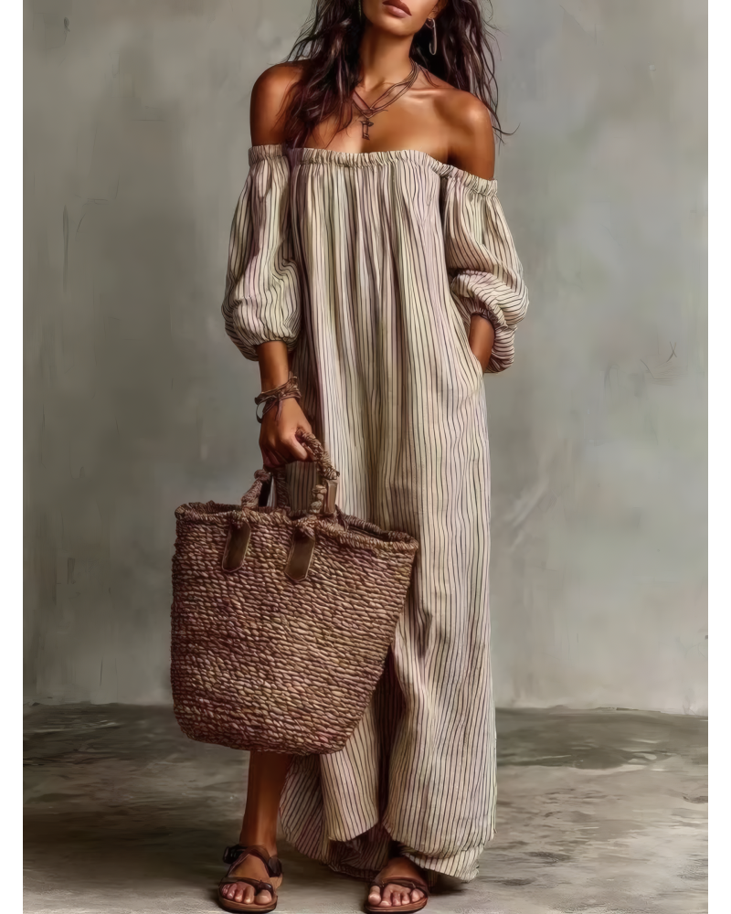 Sunset Stripes Off-Shoulder Maxi Dress