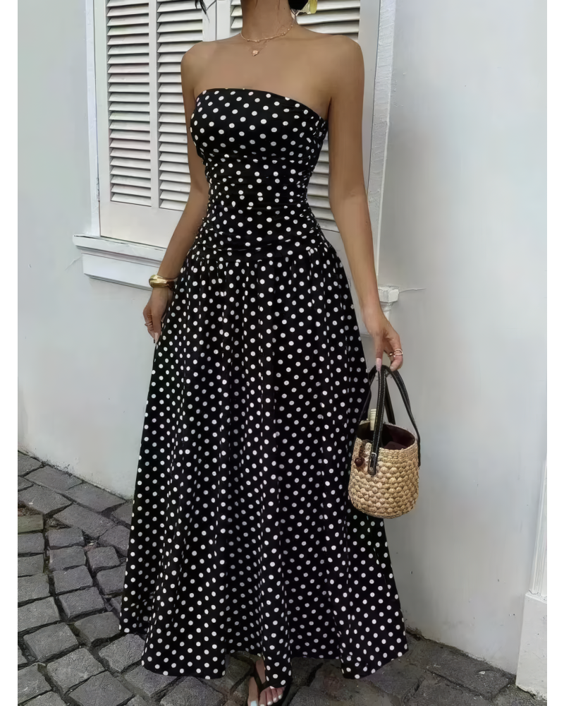 Crimson Dot Strapless Maxi Dress