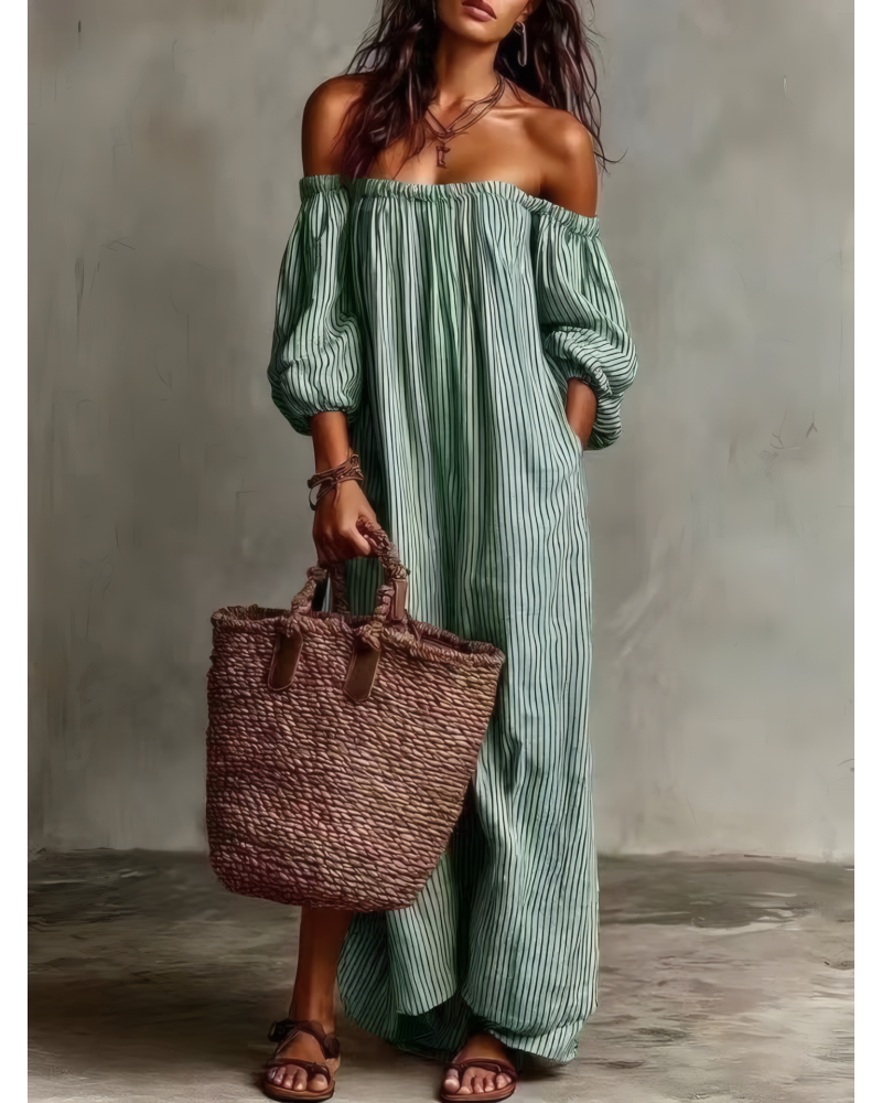 Sunset Stripes Off-Shoulder Maxi Dress