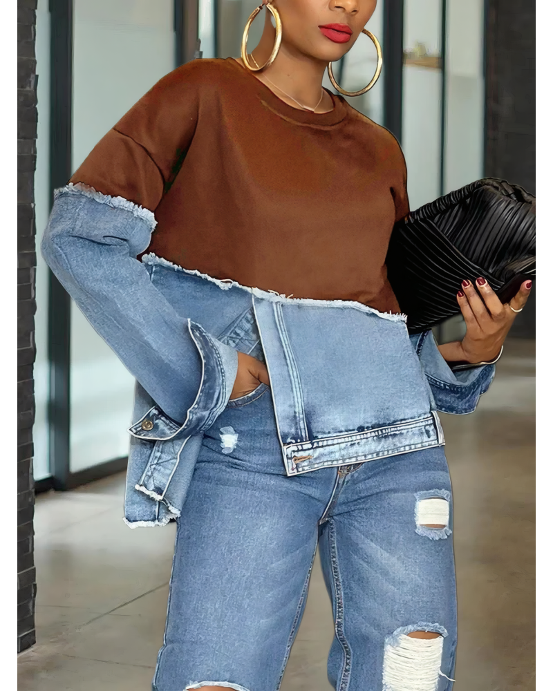 Stylish Irregular Hem Denim Patch Sweatshirt