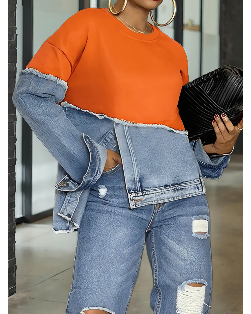 Stylish Irregular Hem Denim Patch Sweatshirt