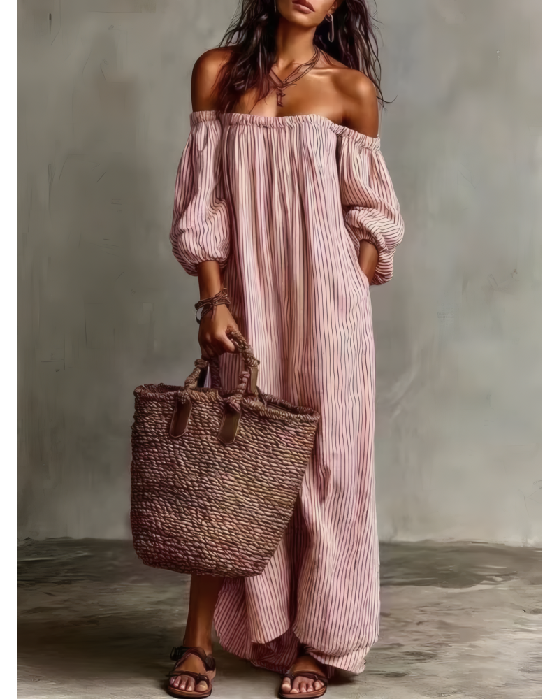 Sunset Stripes Off-Shoulder Maxi Dress