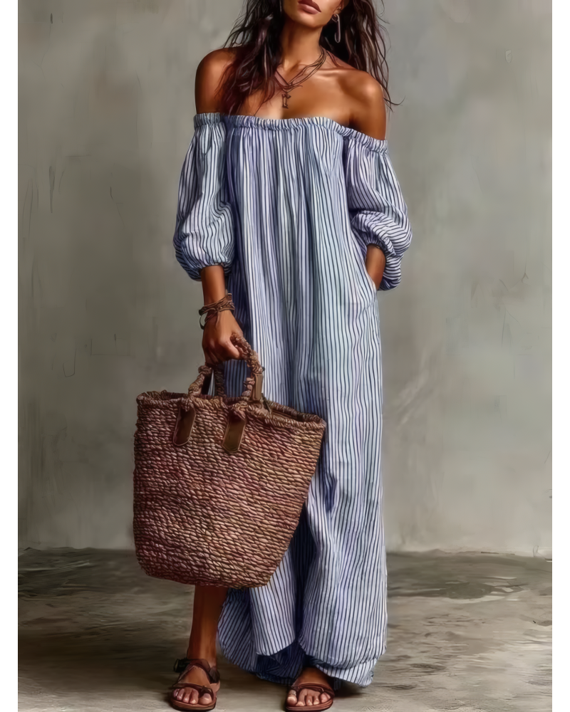 Sunset Stripes Off-Shoulder Maxi Dress