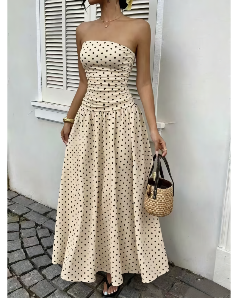 Crimson Dot Strapless Maxi Dress