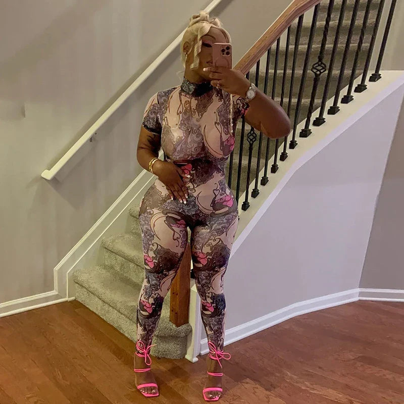 Opulent Print Mesh Jumpsuit