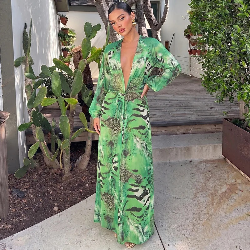 Tropical Print Plunging Maxi Dress