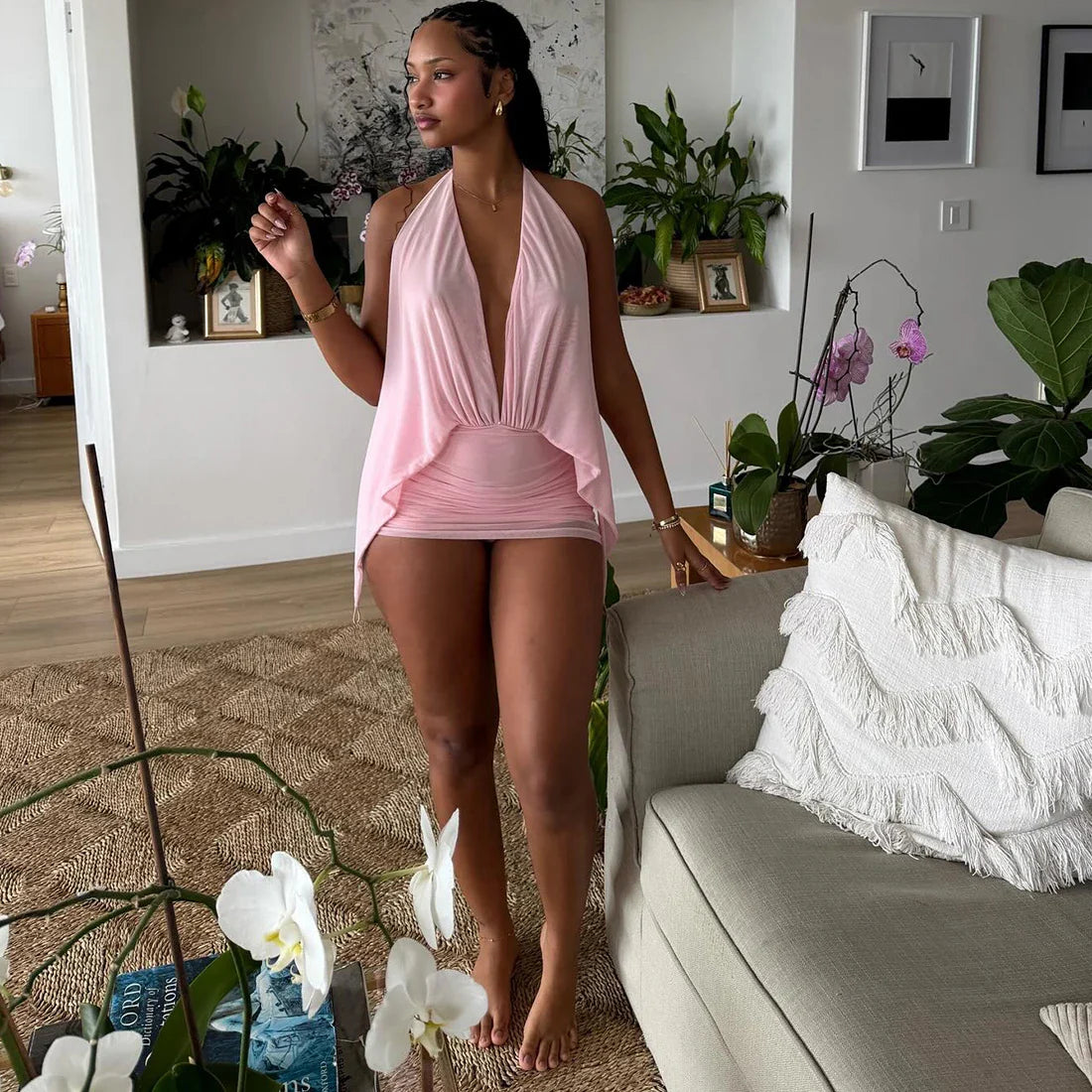 Halter Plunge Drape Mini Dress