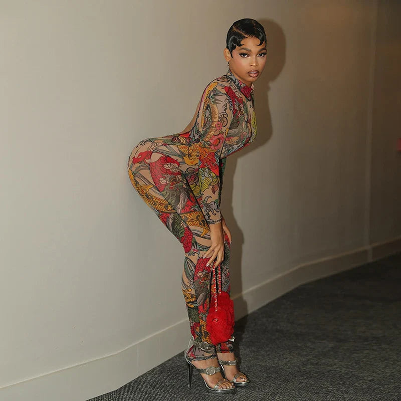 Oriental Backless Mesh Jumpsuit