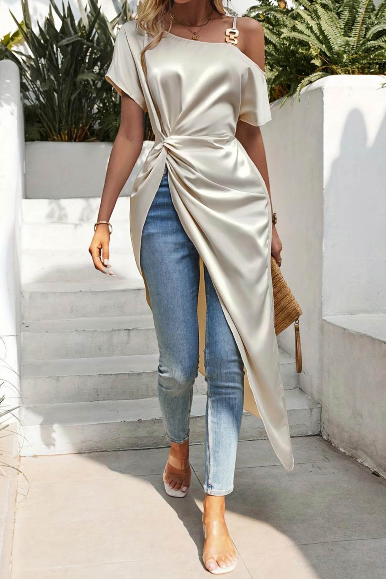Satin Drop Shoulder Ruched Slit Tops