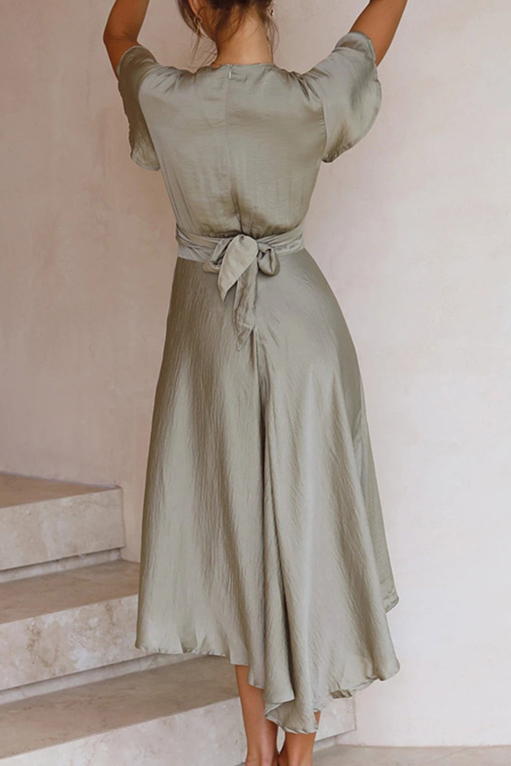 Satin Flares Sleeve Twisted-front Dress