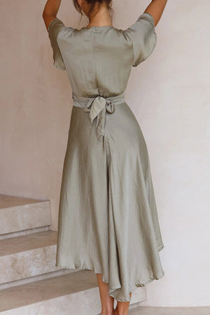 Satin Flares Sleeve Twisted-front Dress