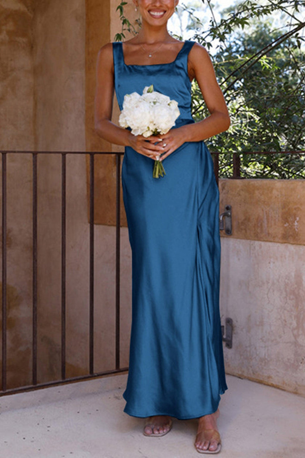 Satin Square Neck Slit Maxi Dress