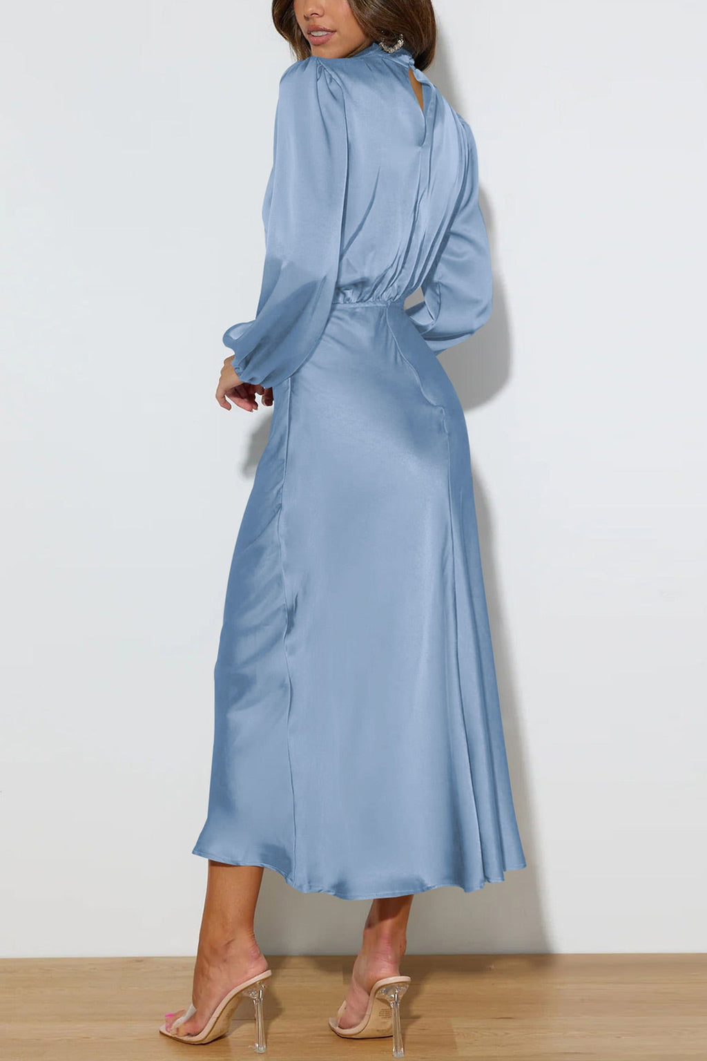 Satin Stacked Collar Lantern Sleeve Dress