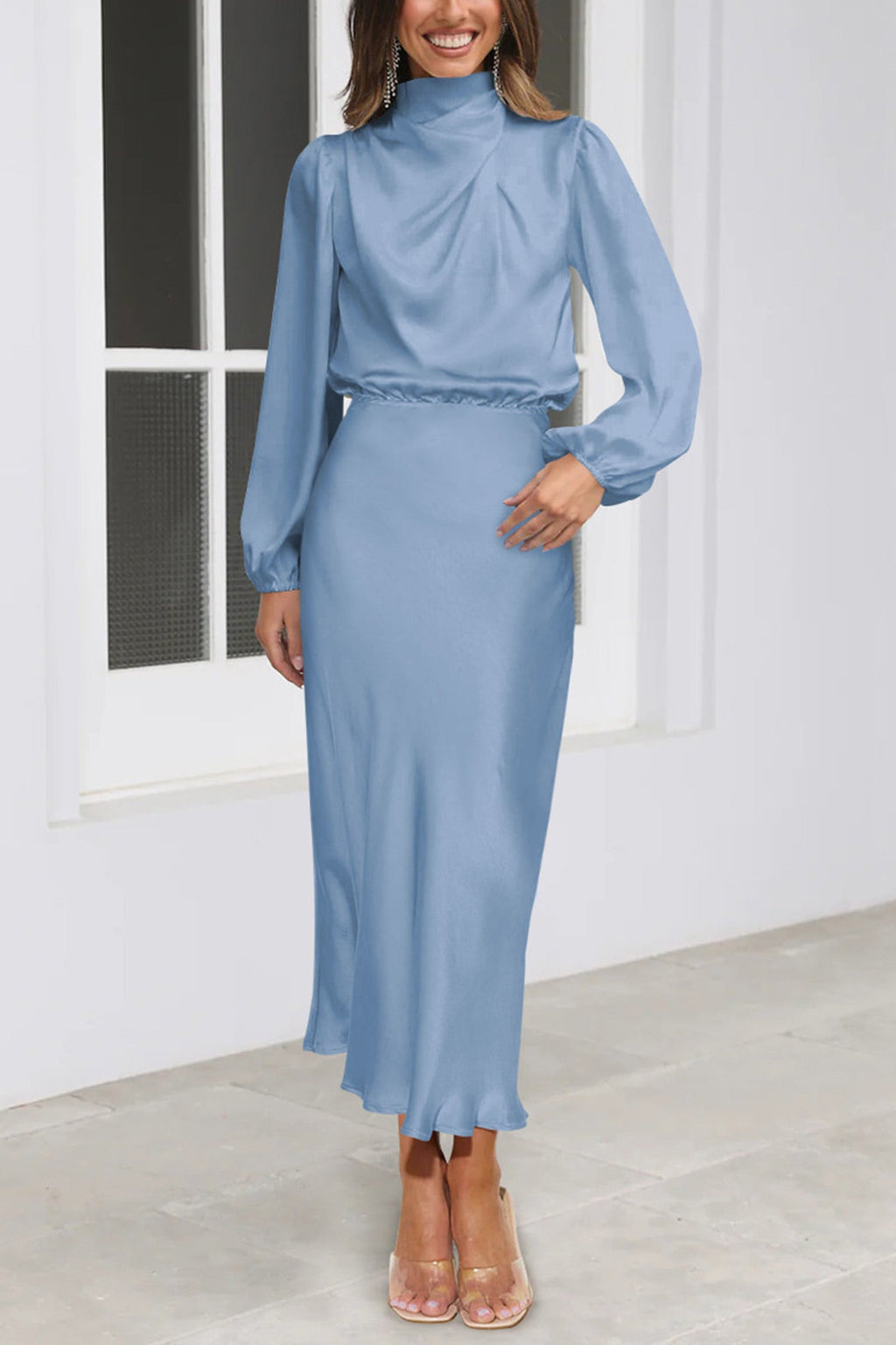 Satin Stacked Collar Lantern Sleeve Dress