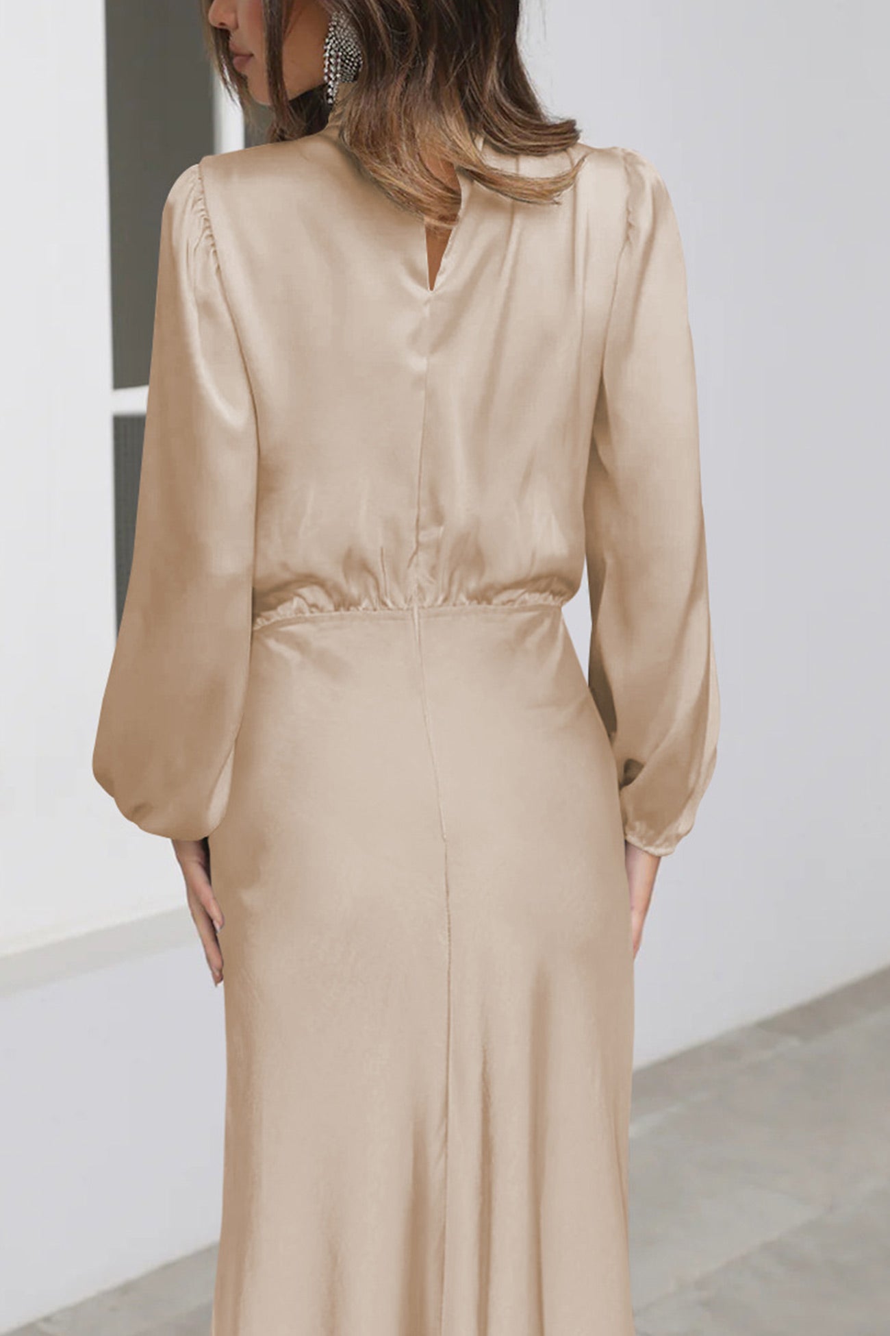 Satin Stacked Collar Lantern Sleeve Dress