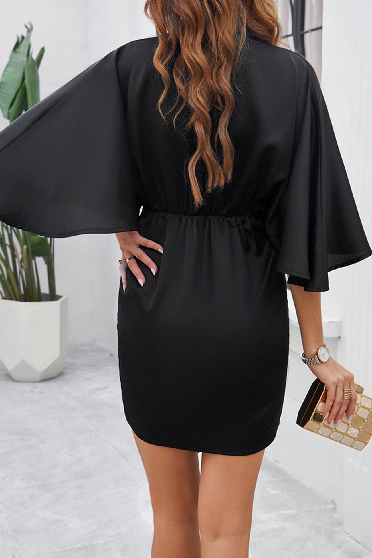 Satin V Neck Bat Sleeve Pack Hip Dress