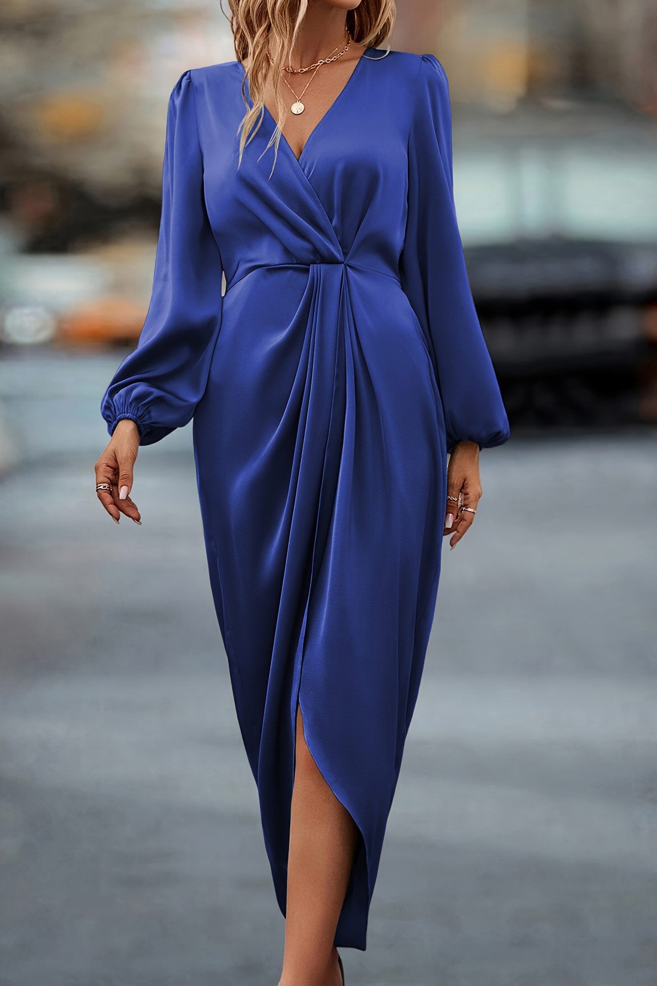 Satin V Neck Puff Sleeve Slit Dress