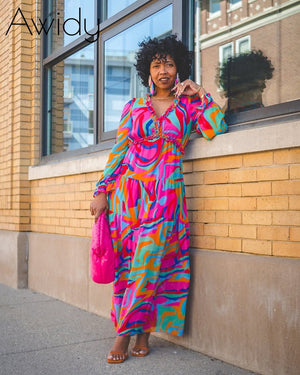 Multi-Color Abstract Print Ruffle Trim Long Sleeve Dress