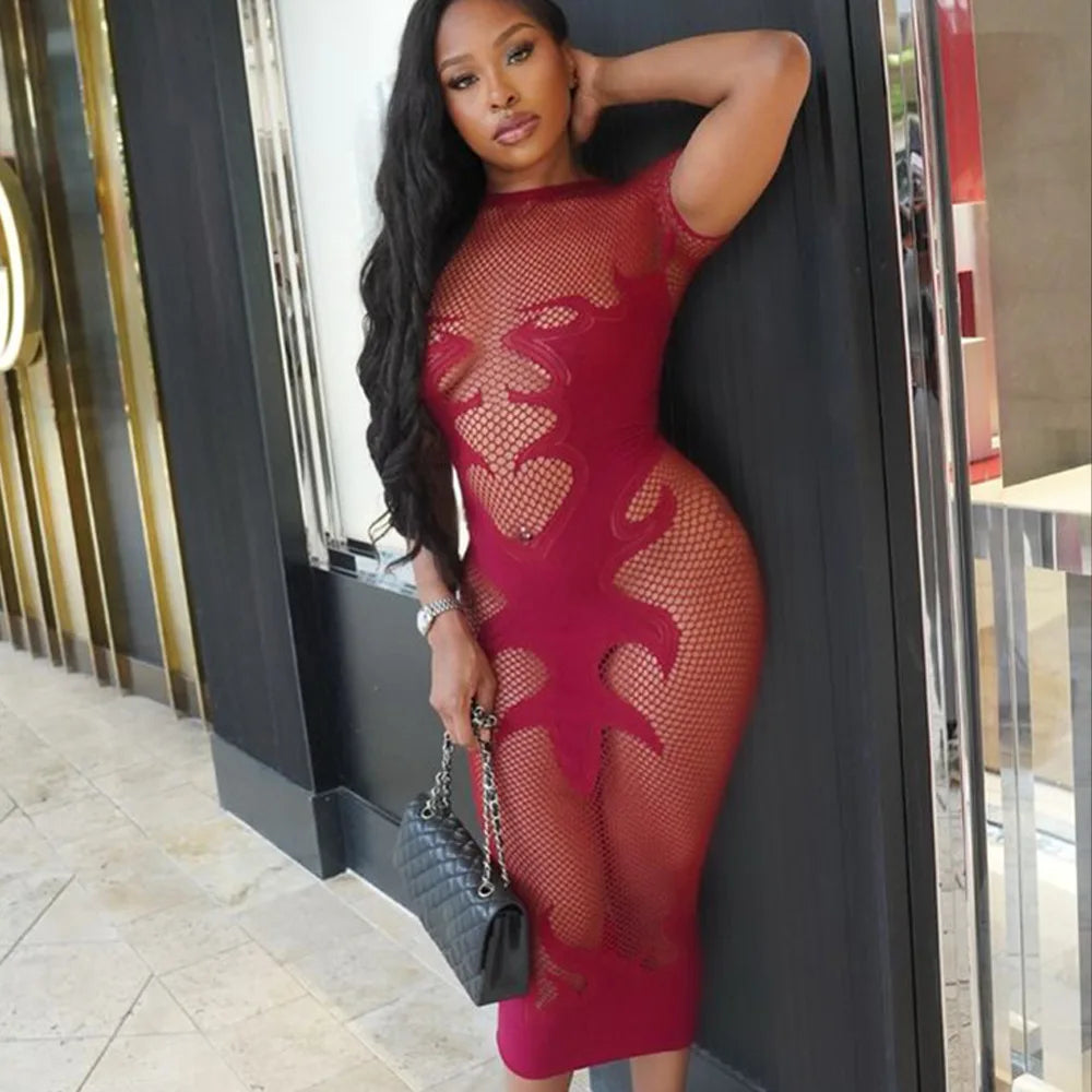 Flame Print Mesh Bodycon Dress