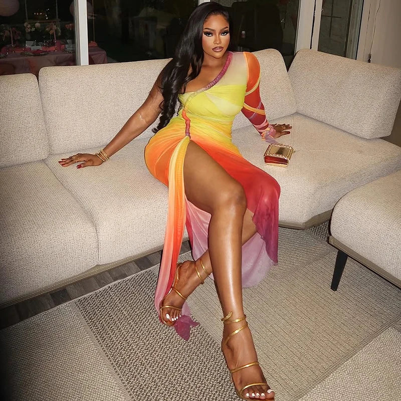 Ombre One-Shoulder Draped Mesh Dress